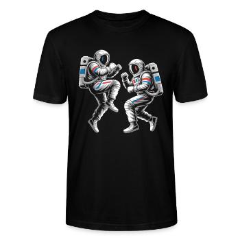 Astronaut duels in retro style - Stanley/Stella CRAFTER Unisex Organic T-Shirt - black - Front - Alina (178cm) & Michal (187cm)