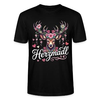Herzmadl Shirt Damen Trachtenshirt Tracht Oberteil - Stanley/Stella Unisex Bio-T-Shirt CRAFTER - Schwarz - Vorne - Alina (178cm) & Michal (187cm)