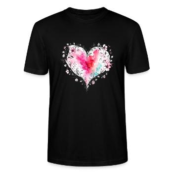 Florales Aquarell-Herz - Stanley/Stella Unisex Bio-T-Shirt CRAFTER - Schwarz - Vorne - Alina (178cm) & Michal (187cm)