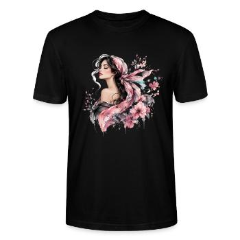 Elegante Frau mit floralen Akzenten - Stanley/Stella Unisex Bio-T-Shirt CRAFTER - Schwarz - Vorne - Alina (178cm) & Michal (187cm)