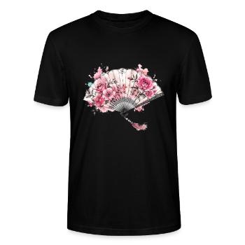 Floraler Fächer mit Aquarellblüten - Stanley/Stella Unisex Bio-T-Shirt CRAFTER - Schwarz - Vorne - Alina (178cm) & Michal (187cm)