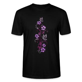 Ranke mit Hibiskus und Schmetterlingen, Aquarell - Stanley/Stella Unisex Bio-T-Shirt CRAFTER - Schwarz - Vorne - Alina (178cm) & Michal (187cm)