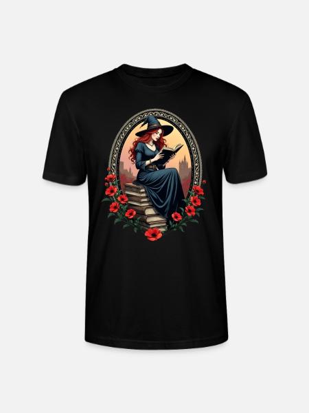 Book Witch with Poppies - Stanley/Stella CRAFTER Unisex Organic T-Shirt - black