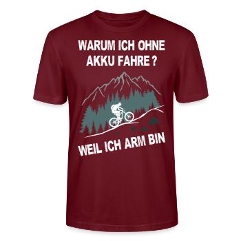 E-Bike, Mountainbike, bergauf, radfahren, Berge - Stanley/Stella Unisex Bio-T-Shirt CRAFTER - Burgunderrot - Vorne - Alina (178cm) & Michal (187cm)