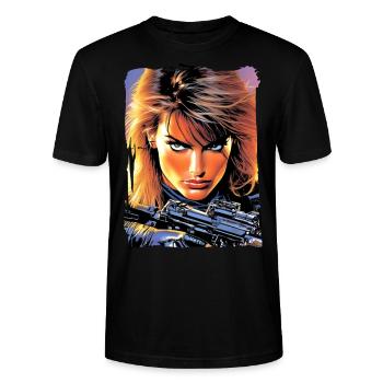 80s Action Heroine - Stanley/Stella CRAFTER Unisex Organic T-Shirt - black - Front - Alina (178cm) & Michal (187cm)