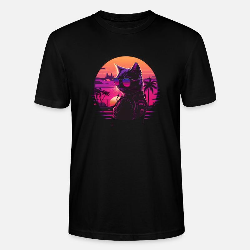 Synthwave cat sunset - T-shirt bio CRAFTER Stanley Stella Unisexe - noir
