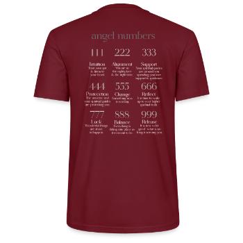 Angel Numbers backprint tshirt design - Stanley/Stella CRAFTER Unisex Organic T-Shirt - burgundy - Back - Michal (187cm)