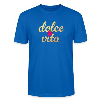 Dolce Vita Gold Erdbeere Italien Lebensfreude Fun - Stanley/Stella Unisex Bio-T-Shirt CRAFTER - Pfauenblau - Vorne - Alina (178cm) & Michal (187cm)