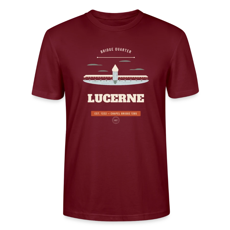 Lucerne badge on a stanley/stella crafter unisex organic t-shirt, burgundy