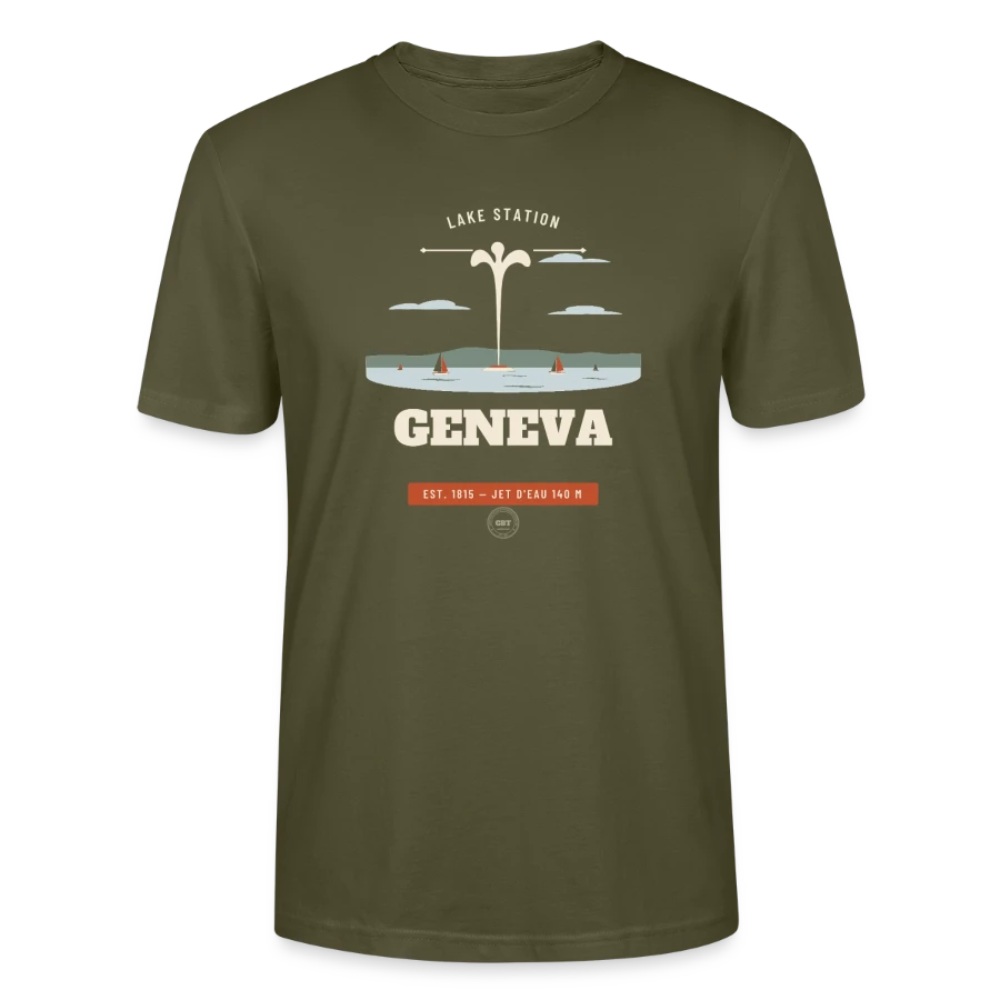 Geneva badge on a stanley/stella crafter unisex organic t-shirt, khaki