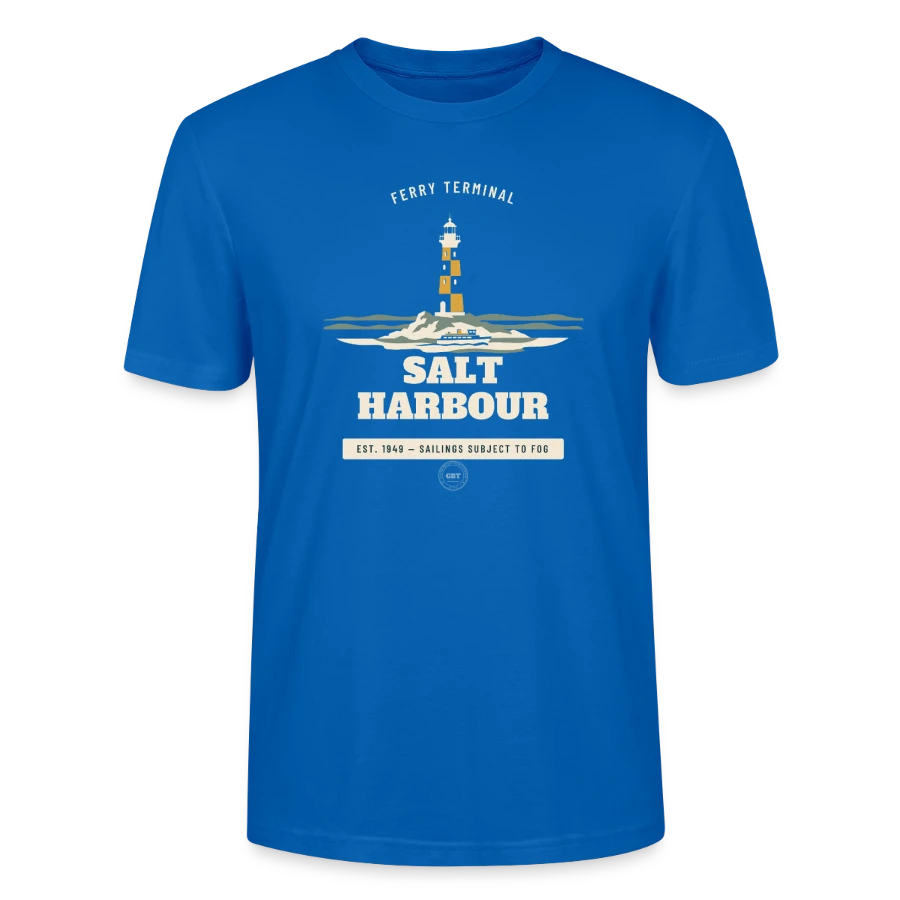 Salt Harbour badge on a stanley/stella crafter unisex organic t-shirt, peacock-blue, front