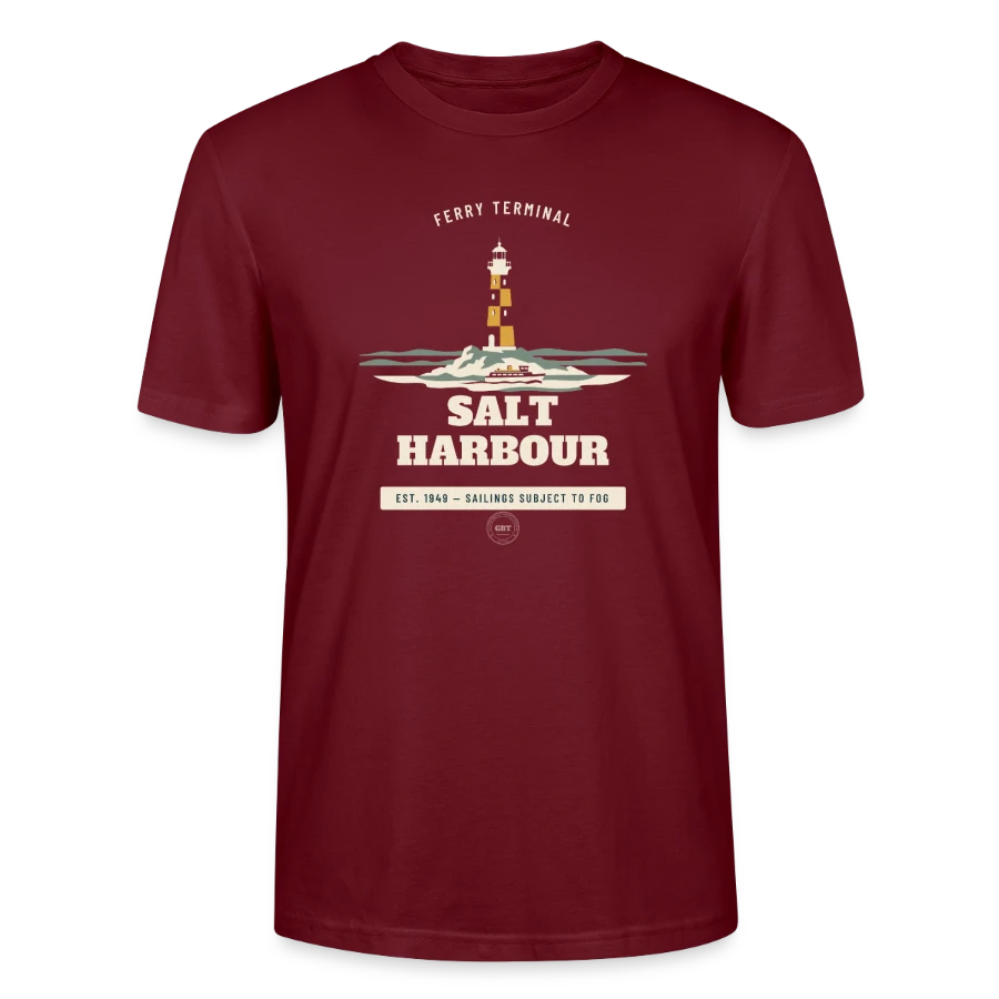 Salt Harbour badge on a stanley/stella crafter unisex organic t-shirt, burgundy, front