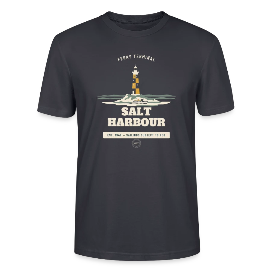 Salt Harbour badge on a stanley/stella crafter unisex organic t-shirt, India Ink Grey, front