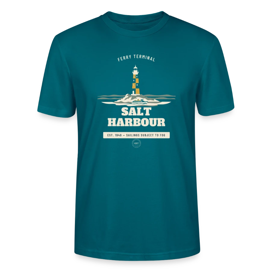 Salt Harbour badge on a stanley/stella crafter unisex organic t-shirt, ocean depth, front