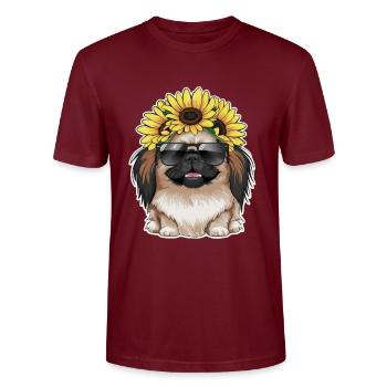 Sommerliches Sonnenblumenmotiv mit süßem Pekinese. - Stanley/Stella Unisex Bio-T-Shirt CRAFTER - Burgunderrot - Vorne - Alina (178cm) & Michal (187cm)