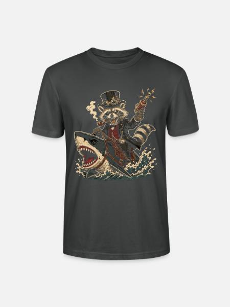 Steampunk Waschbär auf Hai - Stanley/Stella Unisex Bio-T-Shirt CRAFTER - Anthrazit