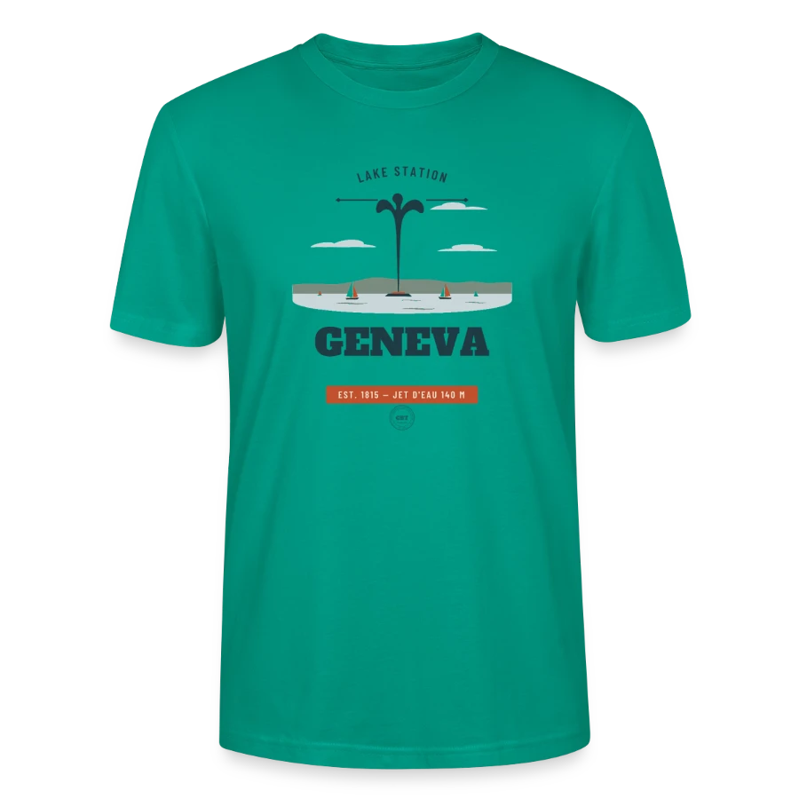 Geneva badge on a stanley/stella crafter unisex organic t-shirt, blue-green