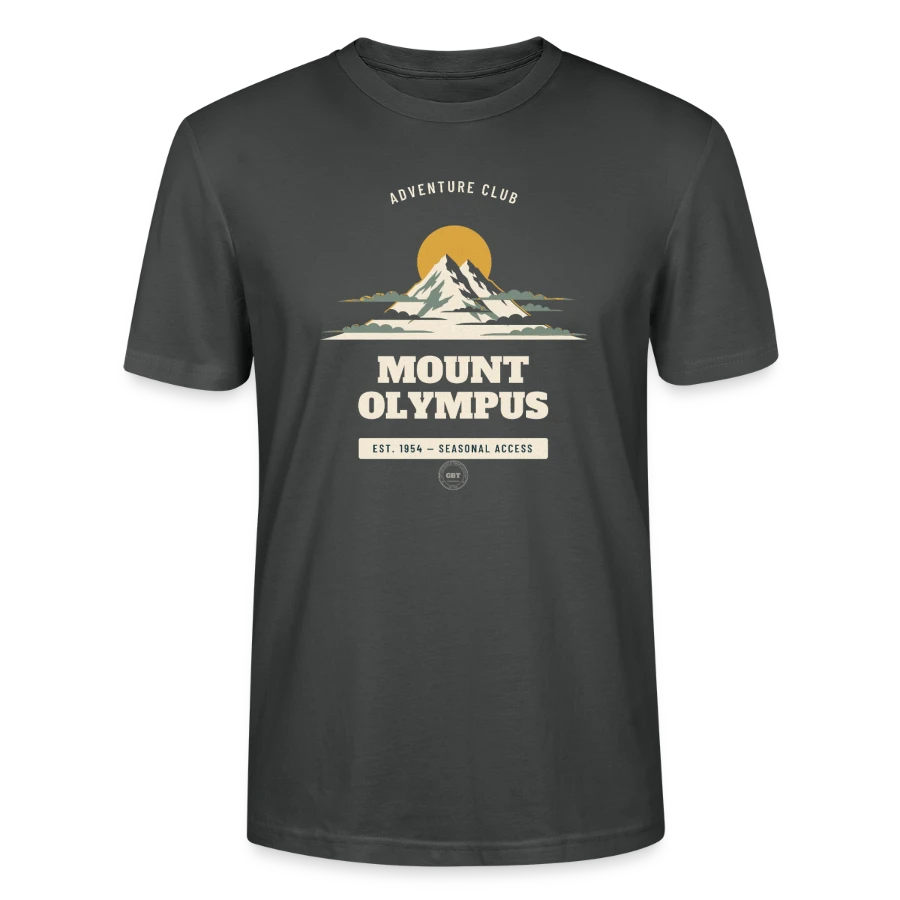 Mount Olympus badge on a stanley/stella crafter unisex organic t-shirt, anthracite, front