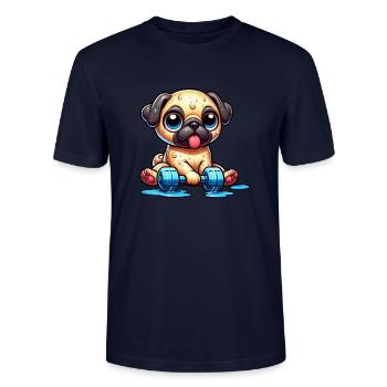 Lustiger Mops Cartoon Fitness Workout - Stanley/Stella Unisex Bio-T-Shirt CRAFTER - Navy - Vorne - Alina (178cm) & Michal (187cm)