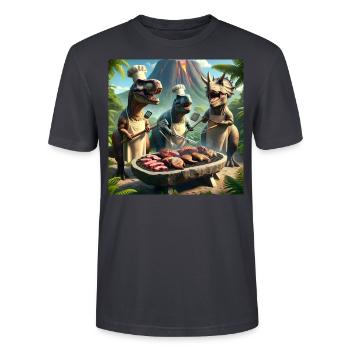 BBQ Dinosaurier Grillmeister Carnivore - Stanley/Stella Unisex Bio-T-Shirt CRAFTER - Dunkles Graublau - Vorne - Alina (178cm) & Michal (187cm)