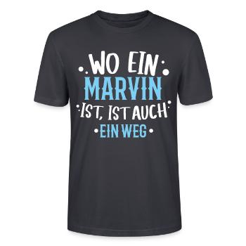 Wo ein Marvin ist, ist ein Weg / Name Geburtstag - Stanley/Stella Unisex Bio-T-Shirt CRAFTER - Dunkles Graublau - Vorne - Alina (178cm) & Michal (187cm)