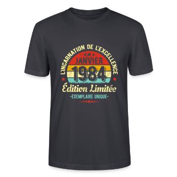 MILLÉSIME JANVIER 1984 ÉDITION LIMITÉE - T-shirt bio CRAFTER Stanley Stella Unisexe - bleu gris foncé - Devant - Alina (178cm) & Michal (187cm)