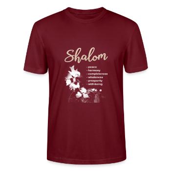 Conception chrétienne avec le mot hébreu 'Shalom' et - T-shirt bio CRAFTER Stanley Stella Unisexe - bordeaux - Devant - Alina (178cm) & Michal (187cm)