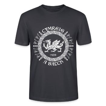 CYMREIG A BALCH Celtic Ring (Welsh and Proud) - Stanley/Stella CRAFTER Unisex Organic T-Shirt - India Ink Grey - Front - Alina (178cm) & Michal (187cm)