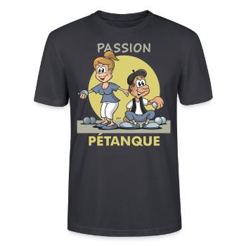 Cartoon Paar Passion Pétanque - Stanley/Stella Unisex Bio-T-Shirt CRAFTER - Dunkles Graublau - Vorne - Alina (178cm) & Michal (187cm)