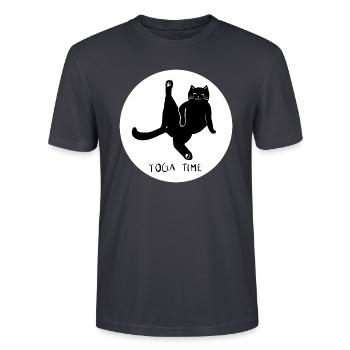 CAT YOGA TIME - Design 2 - Stanley/Stella Unisex Bio-T-Shirt CRAFTER - Dunkles Graublau - Vorne - Alina (178cm) & Michal (187cm)