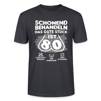 Geburtstag 80 Schonend behandeln Das Stück ist 80 - Stanley/Stella Unisex Bio-T-Shirt CRAFTER - Dunkles Graublau - Vorne - Alina (178cm) & Michal (187cm)