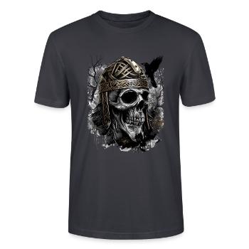 Wikinger Brass Helmet Skull Crow - Stanley/Stella Unisex Bio-T-Shirt CRAFTER - Dunkles Graublau - Vorne - Alina (178cm) & Michal (187cm)