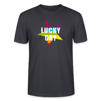 LUCKY GAY - pride - LGBTQ - used look - Stern - Stanley/Stella CRAFTER Unisex Organic T-Shirt - India Ink Grey - Front - Alina (178cm) & Michal (187cm)