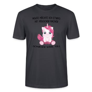 Einhorn heute möchte ich was mit menschen machen - Stanley/Stella Unisex Bio-T-Shirt CRAFTER - Dunkles Graublau - Vorne - Alina (178cm) & Michal (187cm)