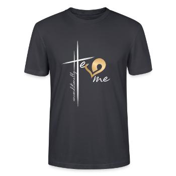 Christliches Design - Er liebt mich bedingungslos - Stanley/Stella Unisex Bio-T-Shirt CRAFTER - Dunkles Graublau - Vorne - Alina (178cm) & Michal (187cm)