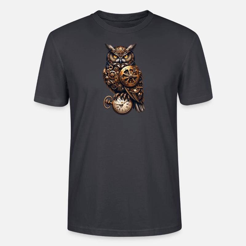 Clockwork Sentinel: Steampunk-Eule mit Getriebe - Stanley/Stella Unisex Bio-T-Shirt CRAFTER - Dunkles Graublau