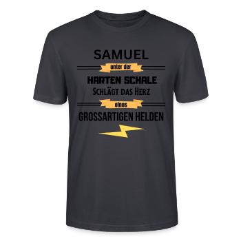 Samuel unter harte Schale eines Großartigen Helden - Stanley/Stella Unisex Bio-T-Shirt CRAFTER - Dunkles Graublau - Vorne - Alina (178cm) & Michal (187cm)
