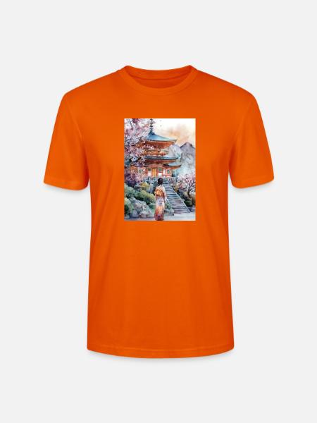 Kimono-Pagode und Kirschbäume - Stanley/Stella Unisex Bio-T-Shirt CRAFTER - Tieforange