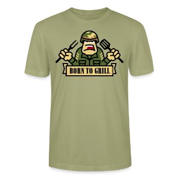 Born To Grill (Grillen / BBQ / Barbecue / Army) - Stanley/Stella Unisex Bio-T-Shirt CRAFTER - Nebelgrün - Vorne - Alina (178cm) & Michal (187cm)