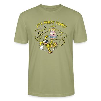 Marsupilami It's Party Time Geburtstagsdesign - Stanley/Stella Unisex Bio-T-Shirt CRAFTER - Nebelgrün - Vorne - Alina (178cm) & Michal (187cm)