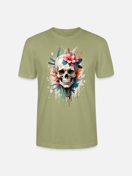 Frau Totenkopf mit Blumen, blumiger Totenkopf - Stanley/Stella Unisex Bio-T-Shirt CRAFTER - Nebelgrün