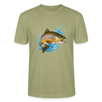 Truite fario, truite, omble, pêche, pêche - T-shirt bio CRAFTER Stanley Stella Unisexe - vert brouillard - Devant - Alina (178cm) & Michal (187cm)