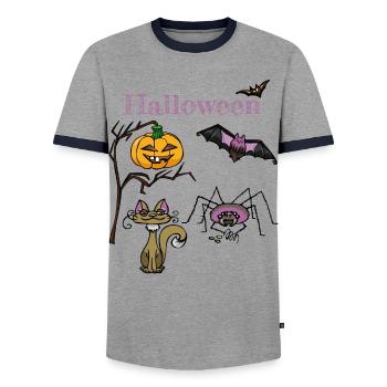 Halloween Pumpkin and Bat Design - Men's Ringer Shirt - grey/navy  - Front - AI Model Female 172 light (172cm) & AI Model Male 178 light (178cm)