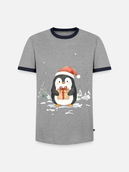 Süßer Weihnachtspinguin mit Geschenk - Männer Kontrast-T-Shirt - Grau/Navy