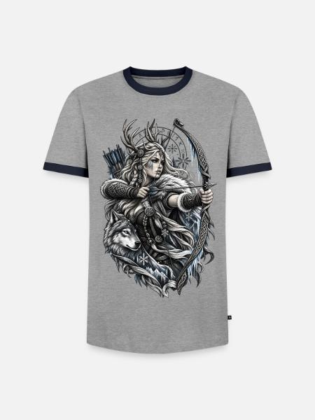 Wikinger Bogenschützin mit Wolf – Noventra - Männer Kontrast-T-Shirt - Grau/Navy