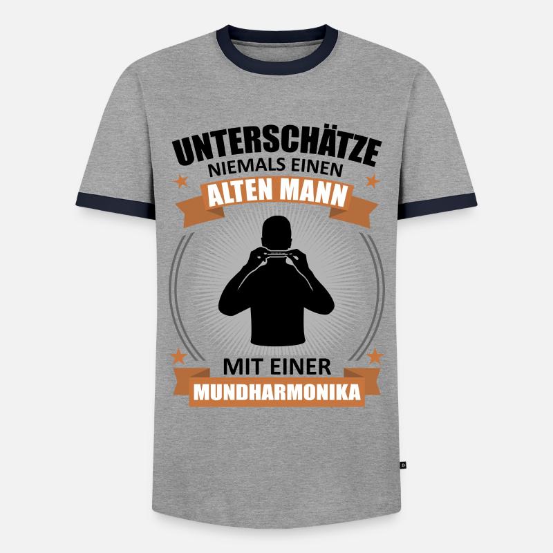 Old Man Harmonica Wisdom - Men's Ringer Shirt - grey/navy 