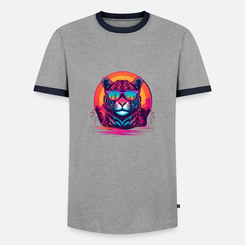 Synthwave Tiger Sunset - Men's Ringer Shirt - grey/navy 