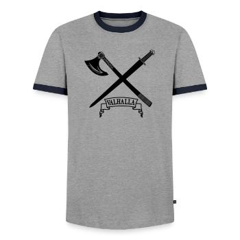 Valhalla avec hache et épée - T-shirt contrasté Homme - gris/marine  - Devant - AI Model Female 172 light (172cm) & AI Model Male 178 light (178cm)