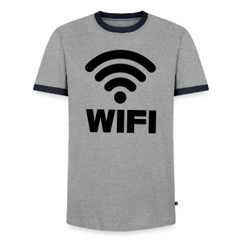 WIFI connection - Men's Ringer Shirt - grey/navy  - Front - AI Model Female 172 light (172cm) & AI Model Male 178 light (178cm)