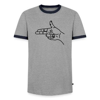 Hand gesture gun scared war - Men's Ringer Shirt - grey/navy  - Front - AI Model Female 172 light (172cm) & AI Model Male 178 light (178cm)